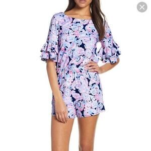 LILLY PULITZER Lula Romper Summer Shell Print One Piece Ruffle Sleeve Womens XXS